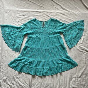 Johnny Was Blue Eyelet Tiered Tunic Top Bell Sleeve Size Small